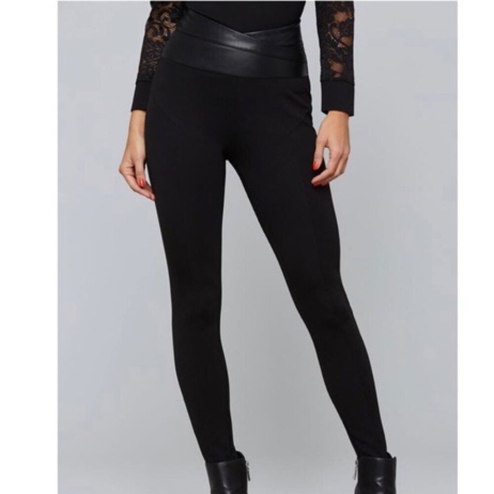 🖤 Bebe Super Curve Black Faux Leather Crossover V-Waistband Leggings - Picture 2 of 15